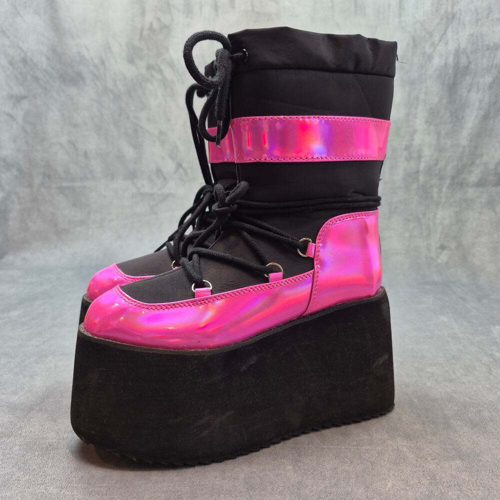 YRU Qronic Holographic Goth Punk Festival Rave Pink Platform Winter Boot Size 7